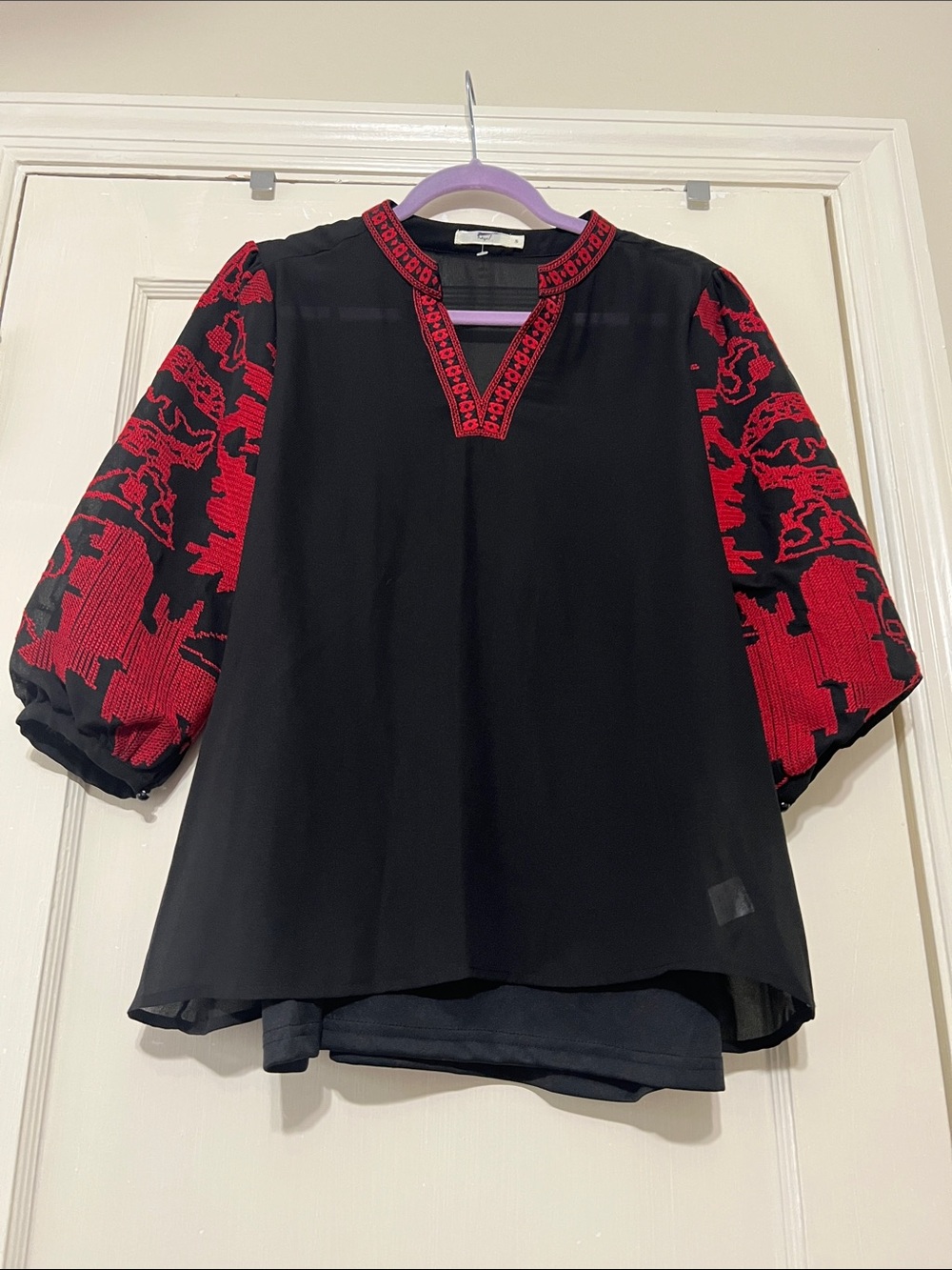 hazel Black Blouse with Red Embroidered Sleeves